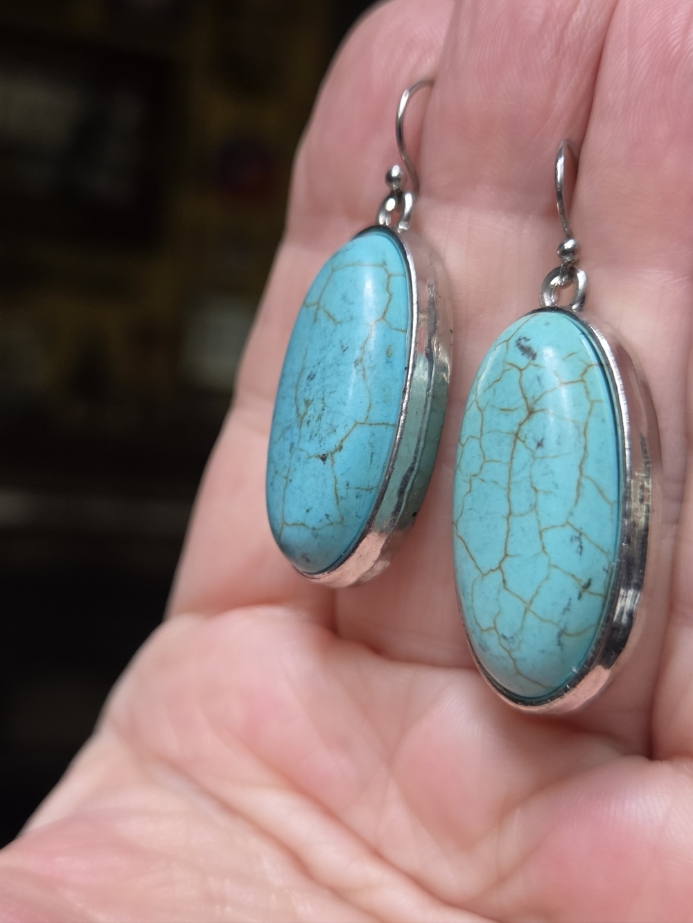 Turquoise Large Natural 22k Oval Drop Silver Earrings - Picture 6 of 8